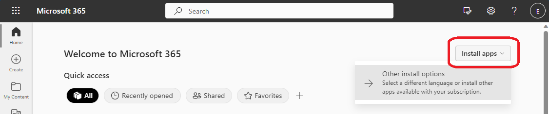 screen shot of microsoft landing page and Install Apps button circled