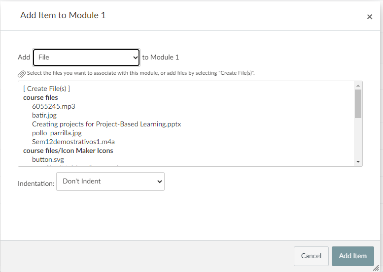 screenshot of add files to module