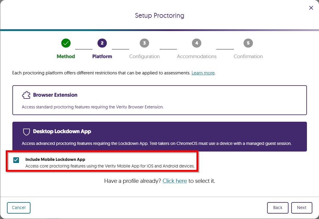 Instructors should check the box to include mobile lockdown ap in the setup proctoring options.